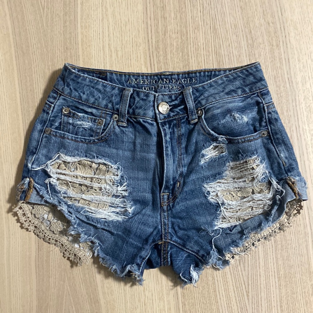 American Eagle Hi-Rise Festival Ripped Denim Shorts Size: 0